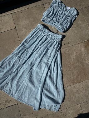 Light Blue Women's Linen-Blend Maxi Skirt Set — Breezy Summer Two-Piece
